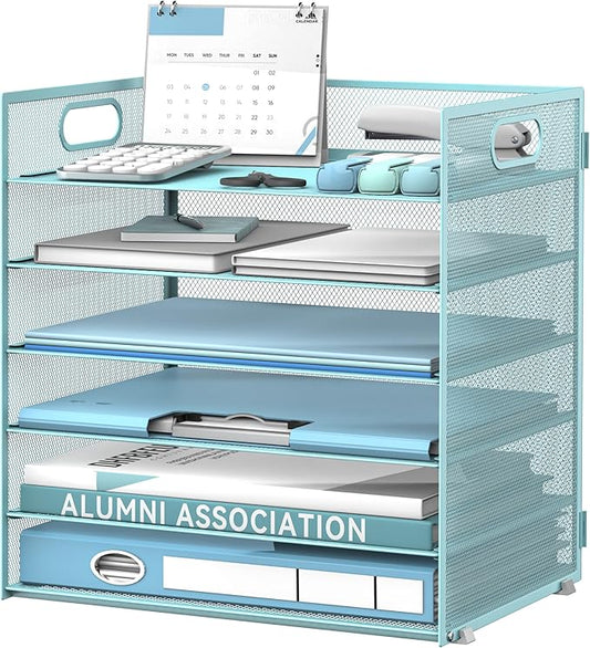 Daltack 6 Tier Paper Organizer for Desk, Paper Letter Tray Organizer for Desks, Mesh Desk File Organizers with Handle for Office, Home, School, Blue