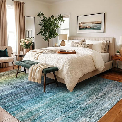 Kokia Abstract Area Rugs 8x10 Bedroom Soft Living Room Rugs Washable Distressed Vintage Comfy Blue Carpet with Non-Slip Backing for Farmhouse Home Office Room Decor, Oslo Teal