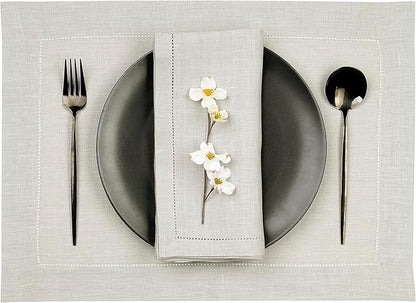 D'Moksha Homes Silver Grey Linen Cloth Placemats Set of 4-100% Pure Linen Hemstitch Placemats 14 x 19 Inch - Classic Hemstitch Table Place Mats for Winter - Handcrafted and Machine Washable
