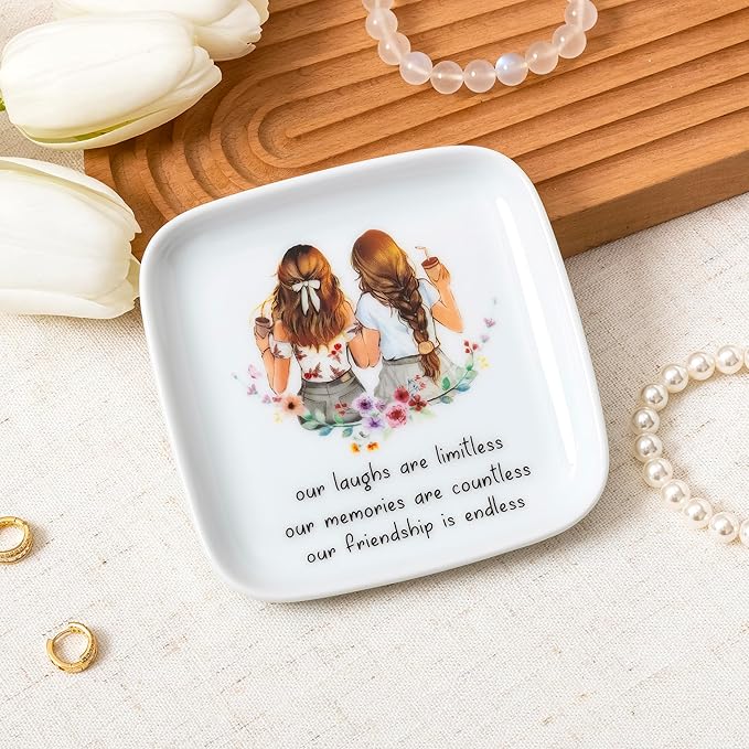 Crisky Best Friend Birthday Gifts for Women, Friendship Gifts for Women, Trinket Ring Dish Jewelry Tray for Friend Her Sisters Besties Long Distance Graduation Gift Ideas, Square