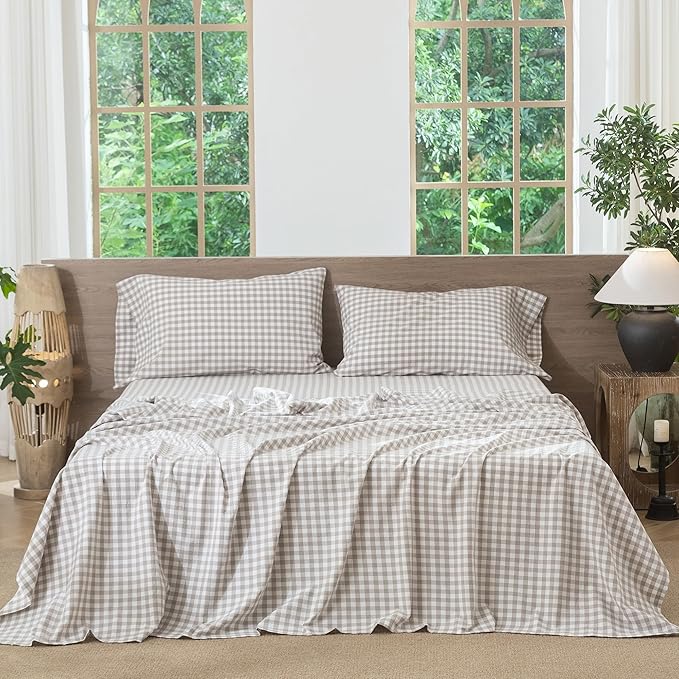 MooMee Gingham Sheet Set 100% Washed Cotton Linen Like Textured Breathable Soft w/Fully Elasticized 16-19" Deep Pocket (Classic Gingham Tannish Linen Grey, King)