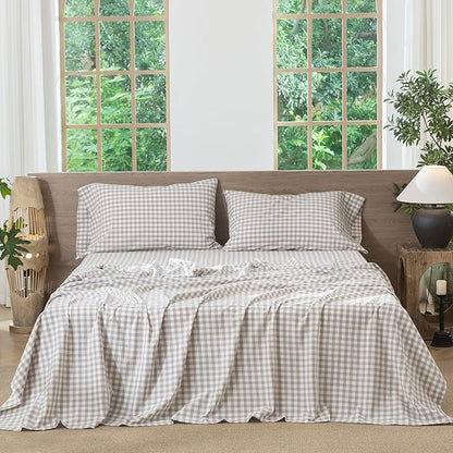 MooMee Gingham Sheet Set 100% Washed Cotton Linen Like Textured Breathable Soft w/Fully Elasticized 16-19" Deep Pocket (Classic Gingham Tannish Linen Grey, King)
