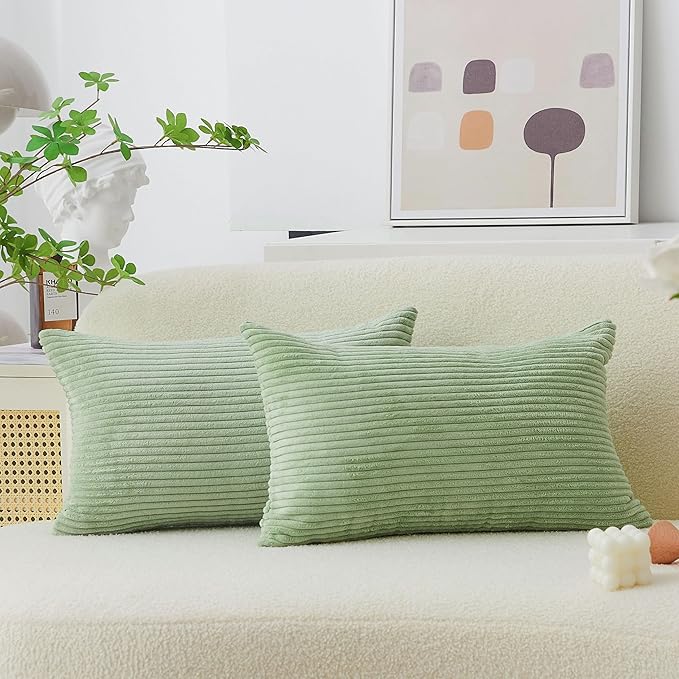 Home Brilliant Sage Green Rectangle Spring Pillow Covers 12x20 Lumbar Pillow Cover Accent Corduroy Striped Oblong Throw Pillows for Couch Decor, Set of 2, 12 x 20 inch, Sage Green