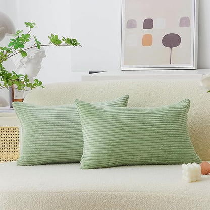 Home Brilliant Sage Green Rectangle Spring Pillow Covers 12x20 Lumbar Pillow Cover Accent Corduroy Striped Oblong Throw Pillows for Couch Decor, Set of 2, 12 x 20 inch, Sage Green