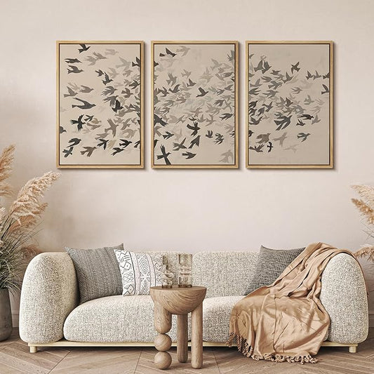 MUDECOR Framed Wall Art Print Set Minimalist Subtle Birds in Motion Illustrations Modern Art Boho Decorative Colorful Chic for Living Room, Bedroom, Office - 24"x36"x3 Natural