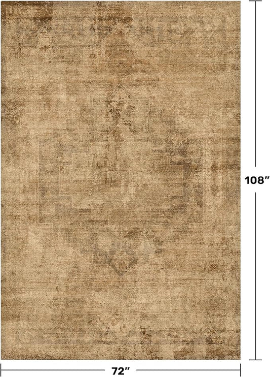 Vintage Dark Gold Rugs for Bedroom - 6x9 Distressed Print Pattern Large Area Rug for Living Room, Dining Room Under Table, Thin & Soft Washable Brown and Yellow