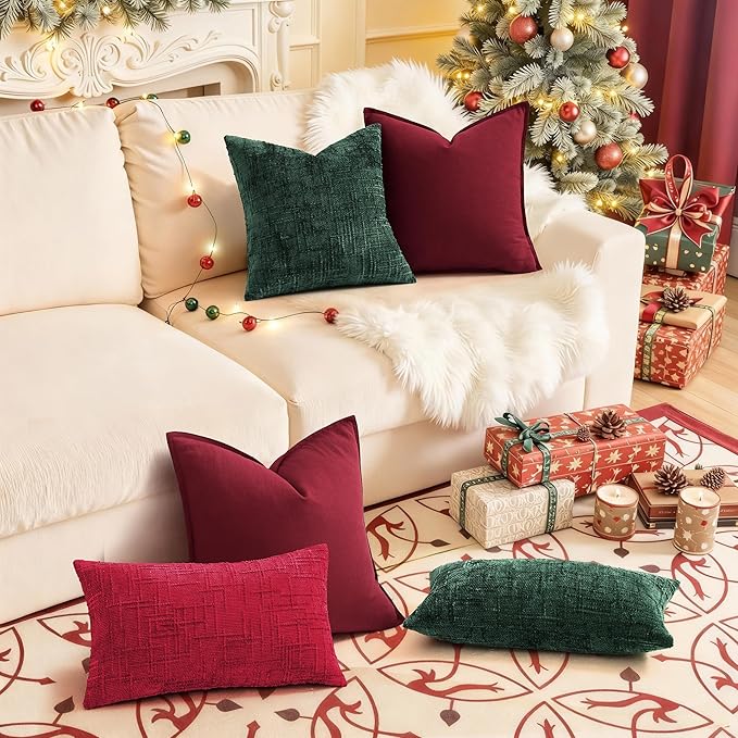 decorUhome Christmas Green Chenille Throw Pillow Covers 20x20 Set of 2 Thick Textured Slubby Couch Pillow Covers Farmhouse Accent Modern Neutral Decorative Pillow Cases for Bed Sofa Living Room