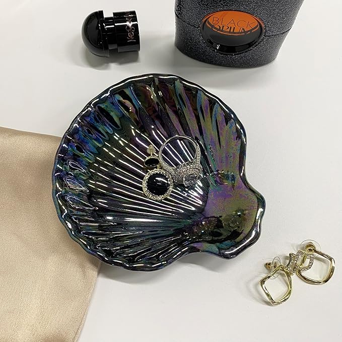 Shell Jewelry Dish Tray, Ceramic Trinket Tray Clamshell Jewelry Storage Dish, Ring Holder Dish Key Bowl, Decorative Jewelry Plate, Cute Jewelry Organizer for Room Decor (Multicolor Black)