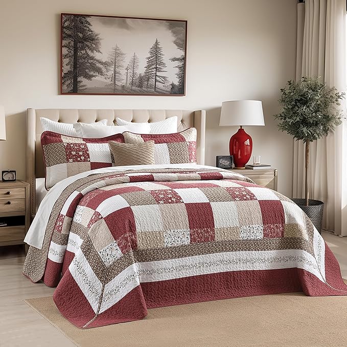 100% Cotton Oversized King Bedspread 120"x120" - Lightweight Vintage Country Quilt - 3 Piece California King Bedspreads Coverlet Set - Reversible Plaid Floral Bedding in Burgundy/Beige/Taupe/White