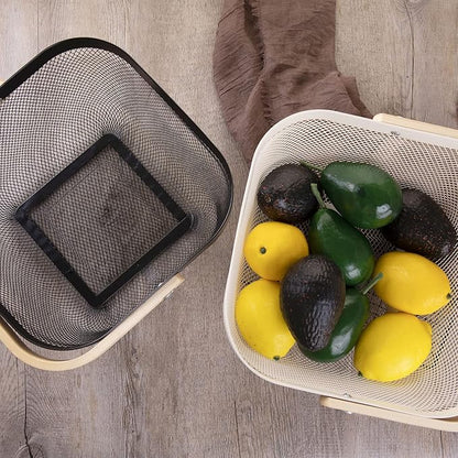 IBWell Square Metal Wire Woven Fruit Storage Bowl Basket with Wooden Handle, Large Black Mesh Fruit Stand, Multi-function Hanging Kitchen Baskets (Black, Nomal 2PCS)