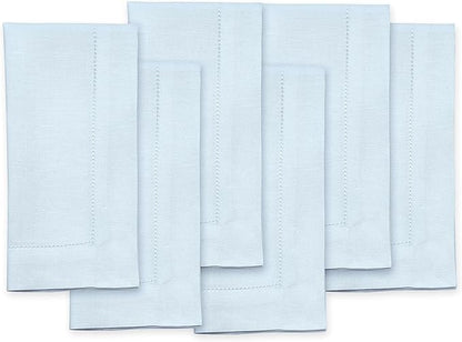 Solino Home Light Blue Linen Napkins Set of 6-100% Pure Linen Hemstitch Dinner Napkins 20 x 20 Inch for Winter, New Year - Classic Hemstitch