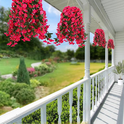 Sggvecsy Artificial Fake Hanging Flowers Plants for Outdoor Outside Spring Summer Decoration 4PCS Faux Silk UV Resistant Realistic Morning Glory Trailing Vines for Home Porch Patio Balcony(Rose red)