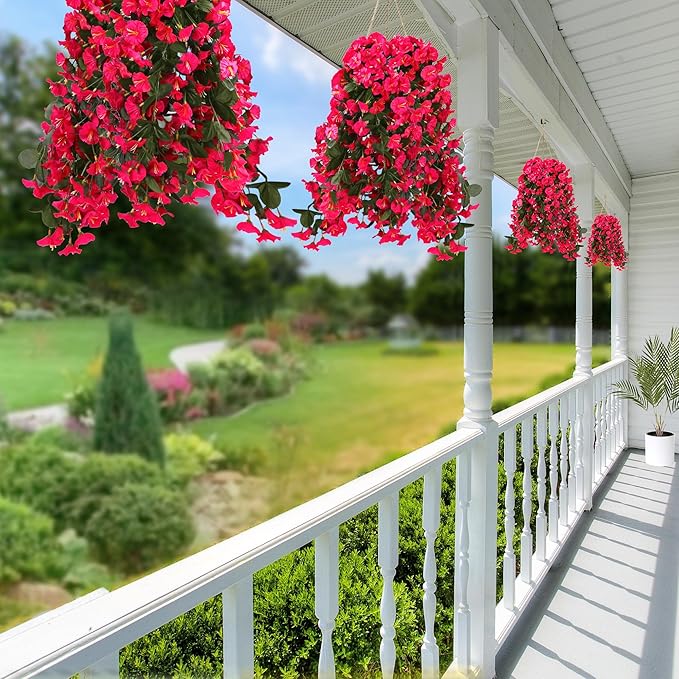 Sggvecsy Artificial Fake Hanging Flowers Plants for Outdoor Outside Spring Summer Decoration 2PCS Faux Silk UV Resistant Realistic Morning Glory Trailing Vines for Home Porch Patio Balcony(Rose red)
