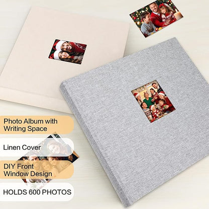 Photo Album 4x6 600 Photos with Writing Space,4 x 6 Photo Book Linen Cover with Front Window, 4x6 Picture Album, 600 Photos Photo Album Book for Wedding Kids Travel Family Baby Pictures (Grey)