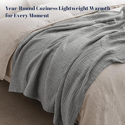 PHF 100% Cotton Muslin Blanket Queen Size 90"x90", 4-Layer Lightweight Gauze Throw, Breathable Cloud-Soft Minimalist Blanket for Bed, Couch, Camping & Baby, Grey, Ideal Gift