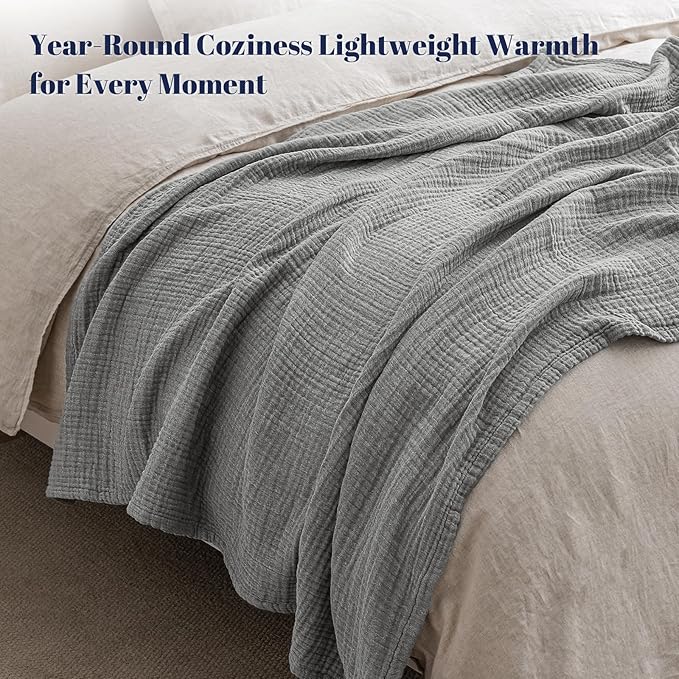 PHF 100% Cotton Muslin Blanket King Size 108"x90", 4-Layer Lightweight Gauze Throw, Breathable Cloud-Soft Minimalist Blanket for Bed, Couch, Camping & Baby, Grey, Ideal Gift