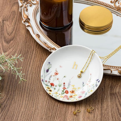 Crisky Initial Jewelry Tray Ring Dish & Gift Box, Ceramic Flower Trinket Dish for Rings Earrings Necklaces Keys, Bridal Shower Engagement Birthday Gift for Women, Friends 4.57" (Gold Foil H