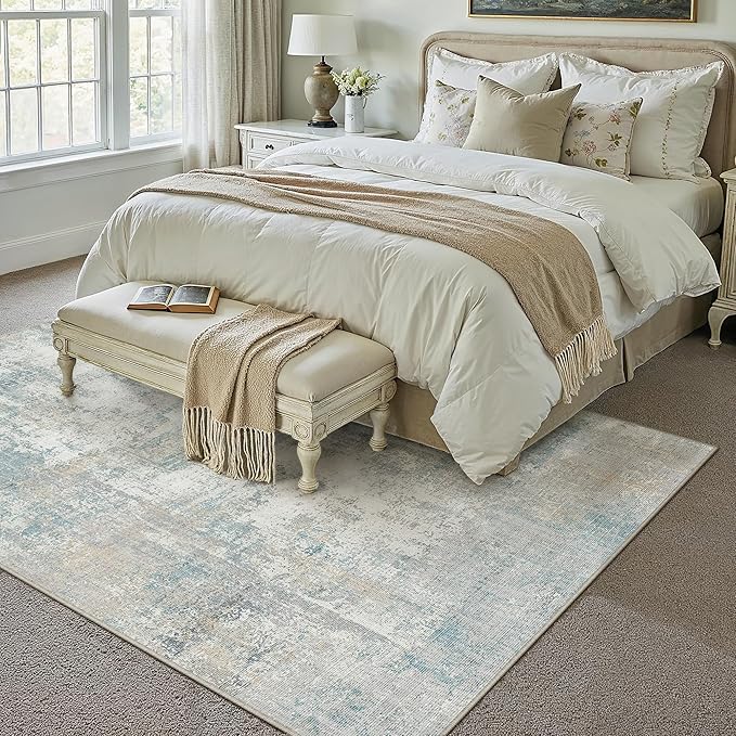 9x12 Area Rug Blue Cream Abstract Living Room Bedroom Washable Carpet Neutral Modern Non-Slip Soft Low Pile Lightweight Vacuumable Large Throw Rug for Dining Room