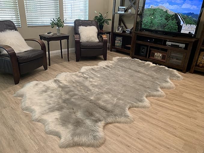 LAMBZY Faux Sheepskin Super Soft Hypoallergenic Silky Shag Rug for Living Room, Kids Room, Sofa (Duo Decto 12 Pelts 6'x12', Grey)