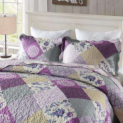 HoneiLife Quilt Set Queen Size - 3 Piece Microfiber Quilts Reversible Bedspreads Patchwork Coverlets Floral Bedding Set All Season Quilts- Late Spring,Queen/Full Size