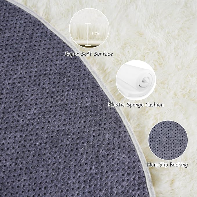 Round Fluffy Rugs 6Ft for Girls Bedroom, Cream White Shag Circle Kids Rug Non-Slip for Bedside Dorm Nursery Playroom, Soft Cute Area Rugs for Living Room Decor