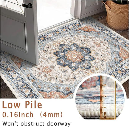 vivorug Boho Runner Rug 2x10 Machine Washable Rug with Non-Slip Backing, Ideal for Kitchen Hallway Entryway Laundry Room - Vintage, Durable, Easy Clean, Low Pile Carpet Runner Orange/Navy