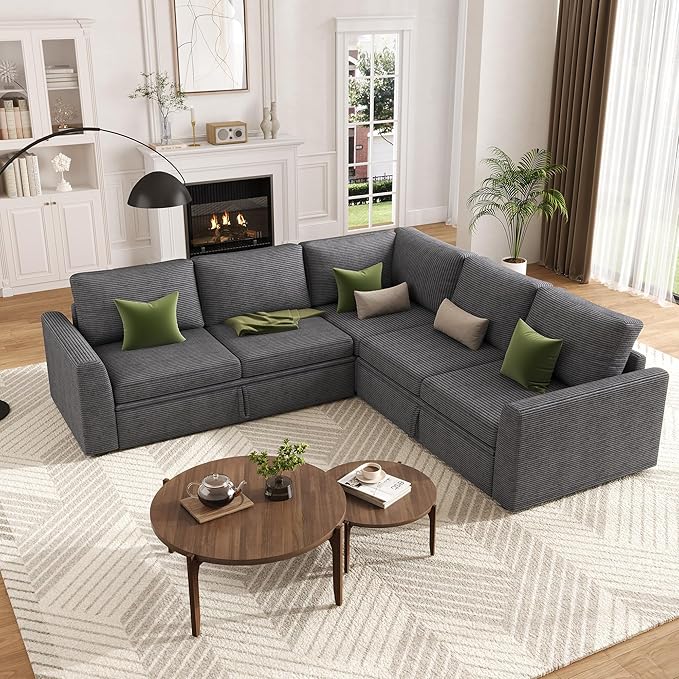 GarveeHome Sectional Sleeper Sofa with Pull Out Bed, Corduroy Modular Sectional Sofa L Shaped 5 Seat Couch with Pull Out Couch and Storage Seat, Convertible Sectional Couches for Living Room