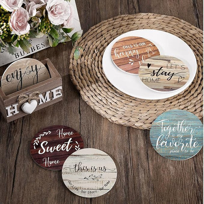 Queekay Coasters Set of 6 House Warming Gifts New Home Wooden Farmhouse Drink Coasters with Holder 4'' Funny Decoration for Kitchen Family Coffee Bar Tabletop Protection(Farmhouse Color)