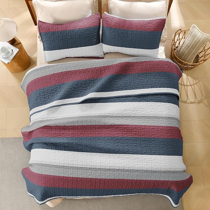 Litanika California King Quilt Set Blue and Red - Cal King Oversized Stripe Comforter Bedspreads & Coverlets - Soft Lightweight Quilted Bedding Set for All Season(1 Quilt, 2 Pillowcases)