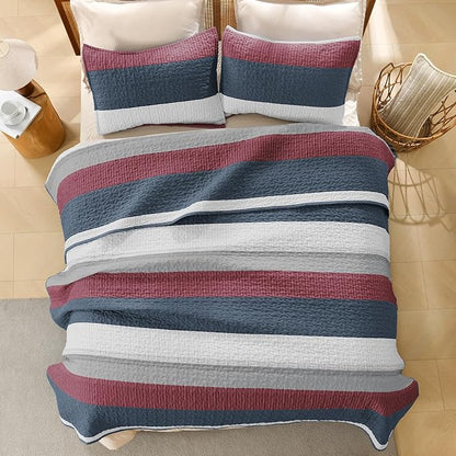 Litanika California King Quilt Set Blue and Red - Cal King Oversized Stripe Comforter Bedspreads & Coverlets - Soft Lightweight Quilted Bedding Set for All Season(1 Quilt, 2 Pillowcases)