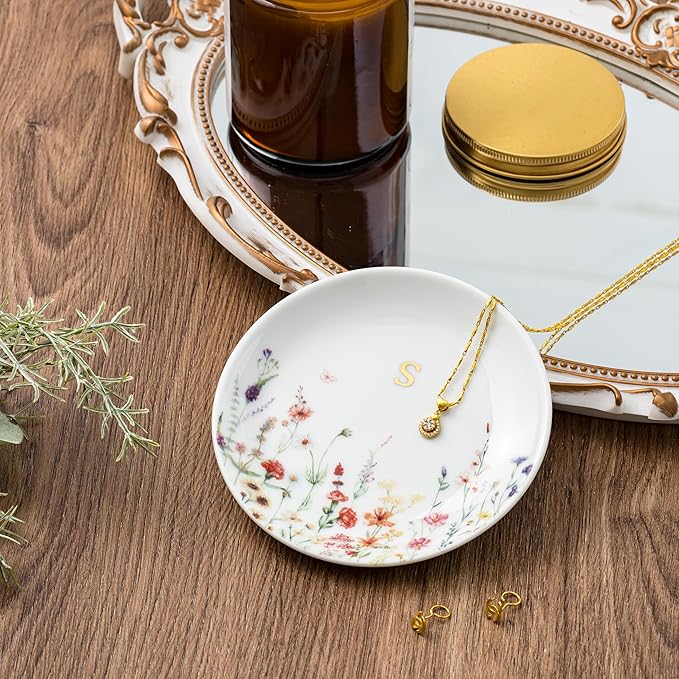 Crisky Initial Jewelry Tray Ring Dish & Gift Box, Ceramic Flower Trinket Dish for Rings Earrings Necklaces Keys, Bridal Shower Engagement Birthday Gift for Women, Friends 4.57" (Gold Foil S