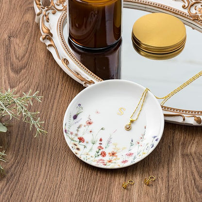 Crisky Initial Jewelry Tray Ring Dish & Gift Box, Ceramic Flower Trinket Dish for Rings Earrings Necklaces Keys, Bridal Shower Engagement Birthday Gift for Women, Friends 4.57" (Gold Foil S