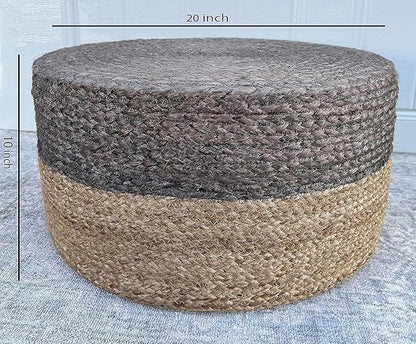 Jute Pouf Ottoman | Footrest Pouf | Hand Braided - Round Boho Pouffe - for Living Room, Bedroom, Nursery (20"x20"x10") Grey