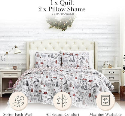 Southshore Fine Living, Inc. Holly Jolly Christmas Quilts King Size Set 3-Piece Oversized Quilt Set with Quilted Shams, Holiday Christmas Bedding, King Size/California