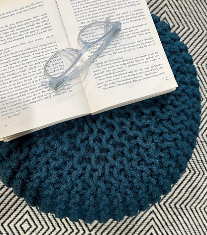 FRELISH DECOR Round Pouf Ottoman Hand Knitted 100% Cotton Pouf Foot Stool - Knitted Bean Bag - Floor Chair for Living Room Bedroom - Foot Rest for Couch (20 Diameter x 14 Height) - Teal