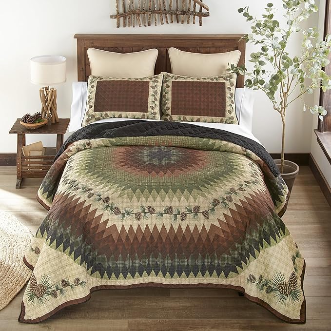 Donna Sharp Pine Circle Polyester Quilted Bedding Set - 3-Piece King Size Quilt Set - Includes 1 Quilt and 2 King Pillow Shams - Machine Washable - Traditional Design