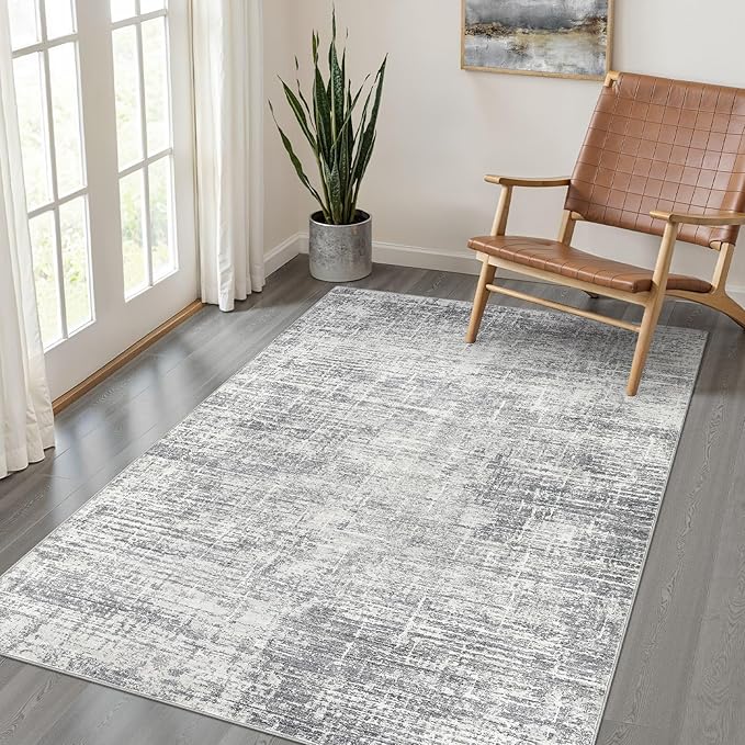 4x6 Rug Washable Area Rugs: Neutral Abstract Soft Modern Stain Resistant Small Indoor Floor Non-Slip Low Pile Throw Carpet for Entryway Kitchen Bedroom Nursery Kids Office Playroom Home House- Grey
