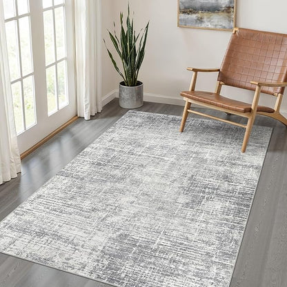 4x6 Rug Washable Area Rugs: Neutral Abstract Soft Modern Stain Resistant Small Indoor Floor Non-Slip Low Pile Throw Carpet for Entryway Kitchen Bedroom Nursery Kids Office Playroom Home House- Grey