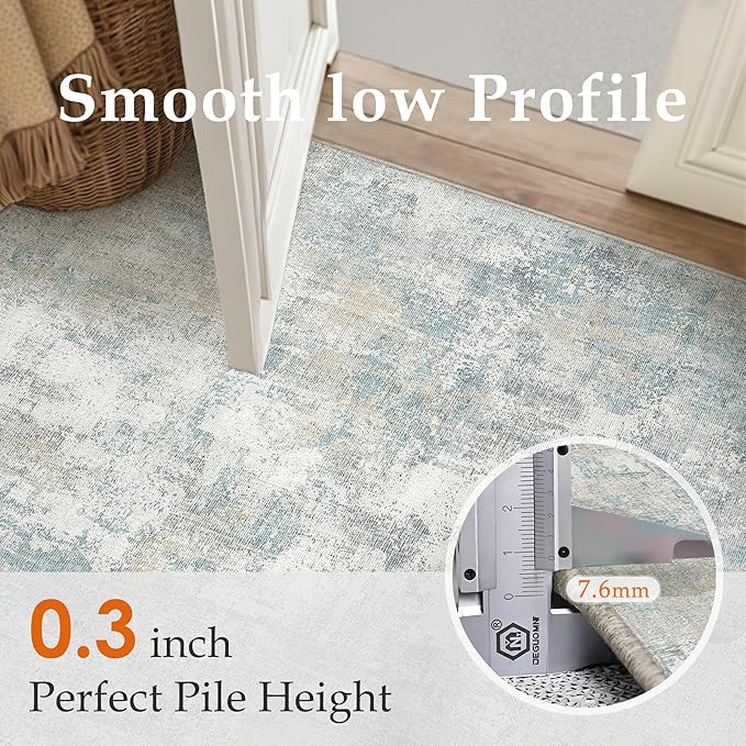 2x12 Washable Runner Rug Blue Cream Abstract Hallway Kitchen Throw Rug Neutral Modern Non Slip Soft Low Pile Lightweight Carpet for Bathroom Laundry Bedroom Living Room