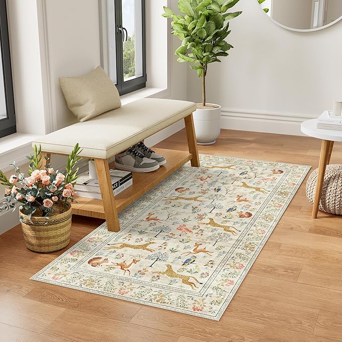 DUKINO 2x5 Rug for Hallway, Washable Kitchen Runner Rug with Non Slip Backing, Soft Low Pile Vintage Animal Runner for Bedroom, Kitchen, Hallway, Entryway, Laundry, Beige