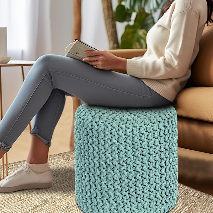 COTTON CRAFT Braided Round Pouf - Hand Knitted Cotton Cord Cable Dori Cylindrical Ottoman - Foot Stool - Floor Pouf - Footrest - Accent Seat - Living Room Bedroom Dorm Décor - 15 Round x 16 H - Blue