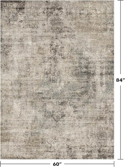 5x7 Earthy Rug for Living Room, Vintage Unique Area Rug for Bedroom Under Bed, Dining Room, Washable Non Slip Brown Gray Taupe Décor