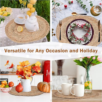 Defined Deco Woven Placemats Set of 10,16"x12"Braided Oval Rattan Table Mats,Farmhouse & Boho Vintage Style for Christmas Dining, Kitchen, and Party Decor