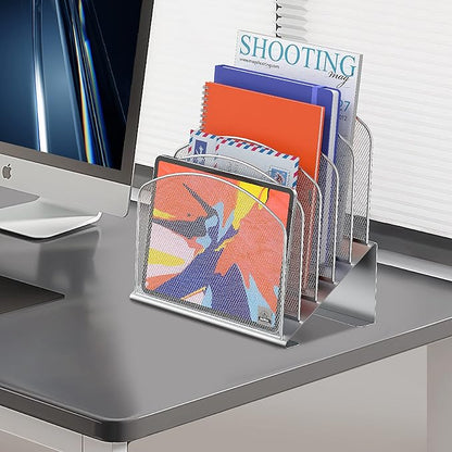 Inclined Desk File Organizer, 5-Section Vertical File Folder Holder Stand Metal Rack File Sorter for Office Classroom Desktop Organization (Silver, 2Pack)
