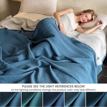 FALUCA Cotton Muslin Reversible Blanket Twin Size for Bed, Couch, Four Layers Blanket, Soft Lightweight Cozy Breathable Farmhouse Decoration for All-Season, Light Blue