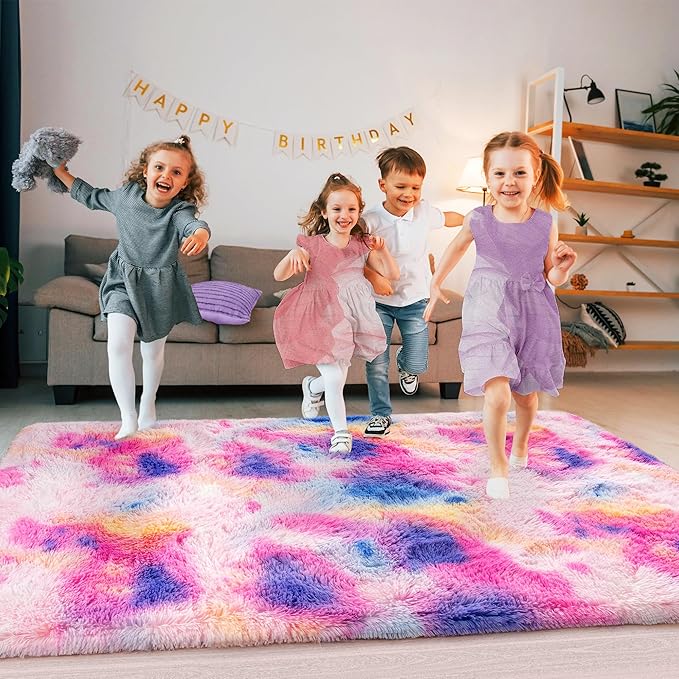 Large 9x12 Area Rugs for Living Room, Ultra Soft Shag Living Room Rug Thick Fluffy Rug for Bedroom, Plush Fuzzy Carpet for Girls Boys Kids Room Non Slip Dorm Rugs for Home Decor Aesthetic Dark Rainbow