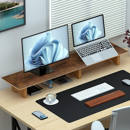 Large Dual Monitor Stand Riser - Solid Wood Desk Shelf with Eco Cork Legs for Laptop Computer/TV/PC/Printers, Perfect Desktop Stands Organizer with Underneath Storage for Office Accessories,Vintage