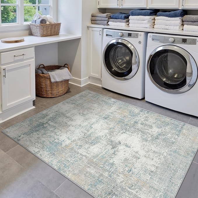 3x4 Washable Area Rug Blue Cream Abstract Entryway Office Throw Rug Neutral Modern Non Slip Soft Low Pile Lightweight Small Carpet for Kitchen Living Room Bedroom Entrance
