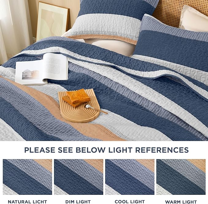 Litanika California King Quilt Set BlueO,Stripe Patchwork Summer Bedspread Coverlet, Soft Lightweight Microfiber Quilt Bedding Set for All Season(1 Quilt, 2 Pillowcases)
