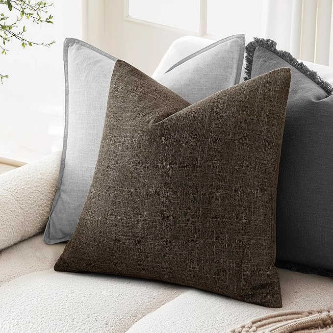 MIULEE Pack of 2 Decorative Linen Burlap Pillow Covers Farmhouse Boho Accent Pillowcases Home Decor for Couch Sofa Bedroom Living Room 18x18 Inch Dark Brown